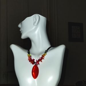 Chico's Beaded Necklace with Large Red/ Orange Drop Faceted Crystal & Black Bead